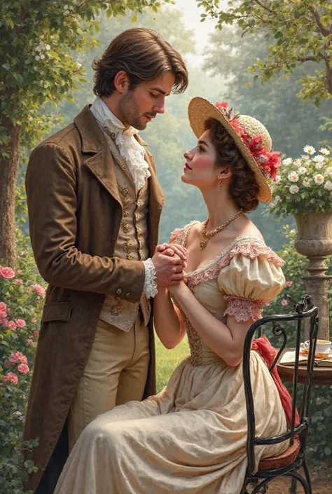 "A digital painting in classic 19th century style depicting a romantic couple in a lush flowery garden. The man wears an elegant Regential-era costume, composed of a brown coat, BEIGE VEST , white shirt with a high collar and lace scarf. He has short and w...