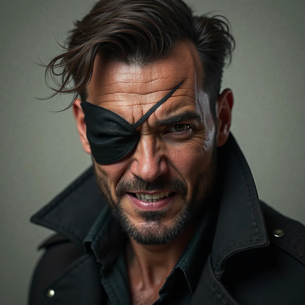  A handsome man with an eye patch. He grins angrily at the camera.