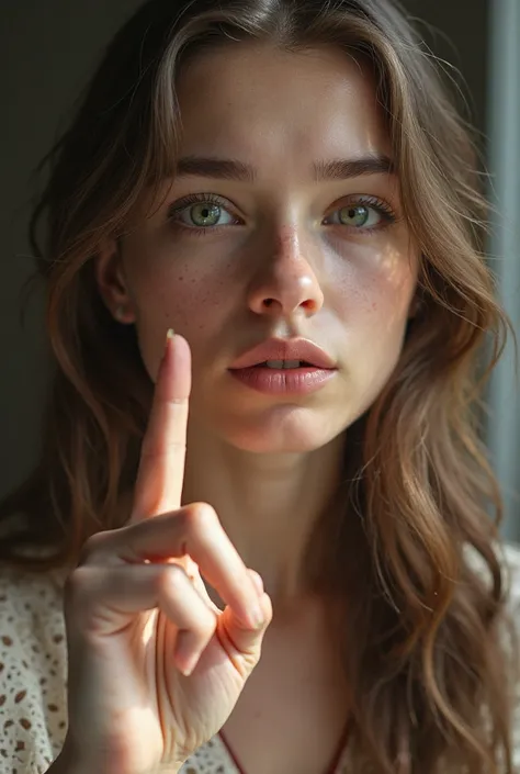   Photo realism of an image of a young and beautiful girl, of Anglo-American factions and green eyes, his eyes denote humility, pointing or pointing the finger that God has a message for you