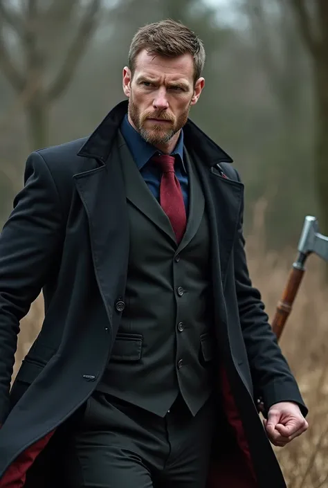 Handsome white man with short brown hair and short beard, tall and loud , wearing a black coat and a three-piece black suit with dark blue shirt and red tie , brandishing a European axe by the handle in a terrifying yard in combat posture