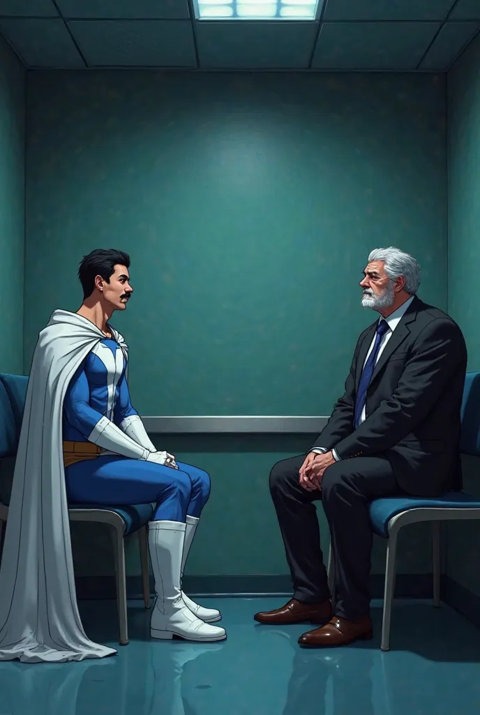 Scene between two characters. Character 1: a (Middle-aged man with short black hair, in white cape, handle bar mustache, wearing skin tight white and blue original superhero suit, white gloves and white boots). Character 2: (Tall elderly man with gray hair...