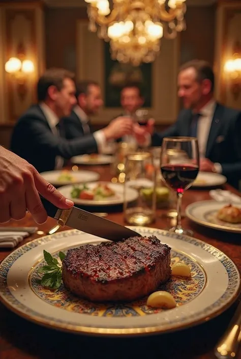 A realistic and cinematic image, captured from a first-person perspective (throw), showing a luxurious dinner between billionaire entrepreneurs. In the foreground, a male hand holds a knife while cutting a juicy steak served on a sophisticated plate with g...