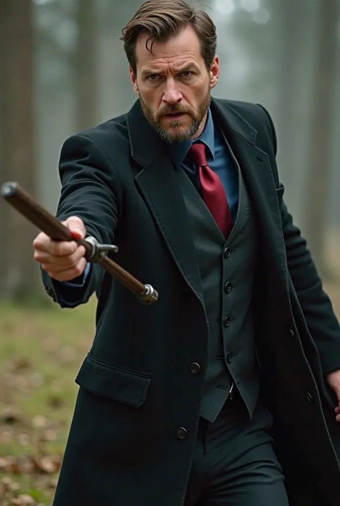 Handsome white man with short brown hair and short beard, tall and loud , wearing a black coat and a three-piece black suit with dark blue shirt and red tie , using an arc in a terrifying yard in combat posture