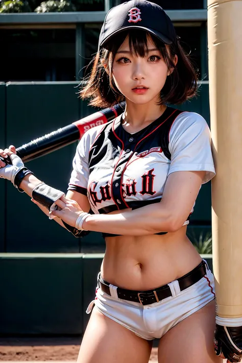 Japanese cute girl in micro bikini holding a baseball bat, ((holding a baseball bat)), wearing a baseball cap, (wearing short baseball gloves), (((realistic))), (((High resolution)))