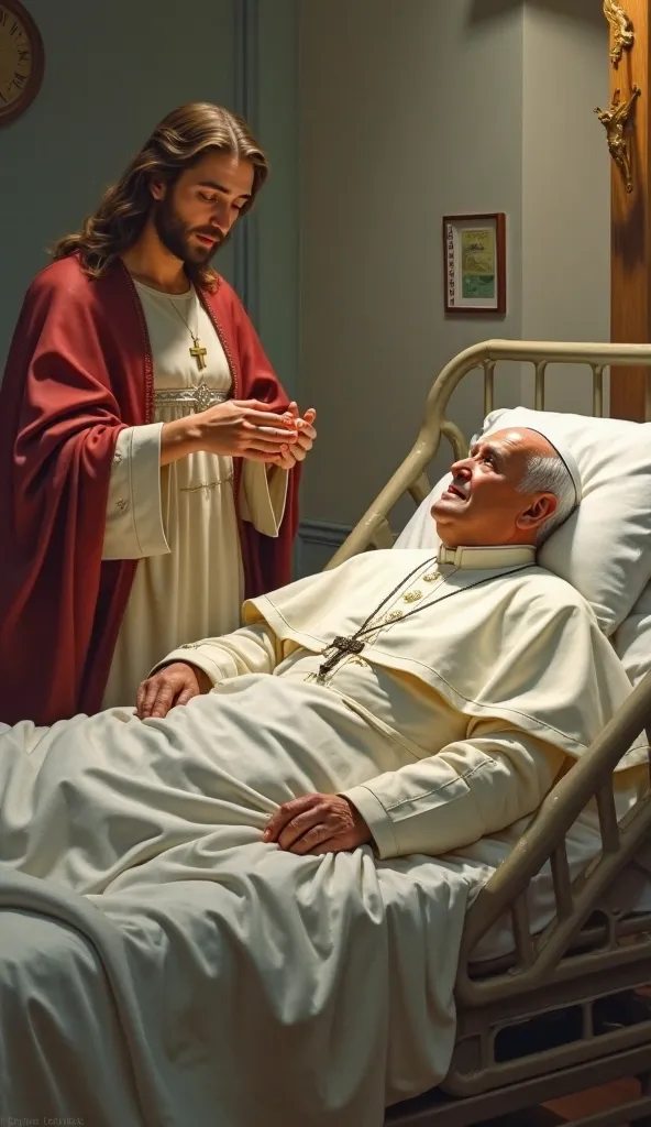 Pope Francis lying on a hospital bed and on the side Our Lady and Jesus blessing for his health