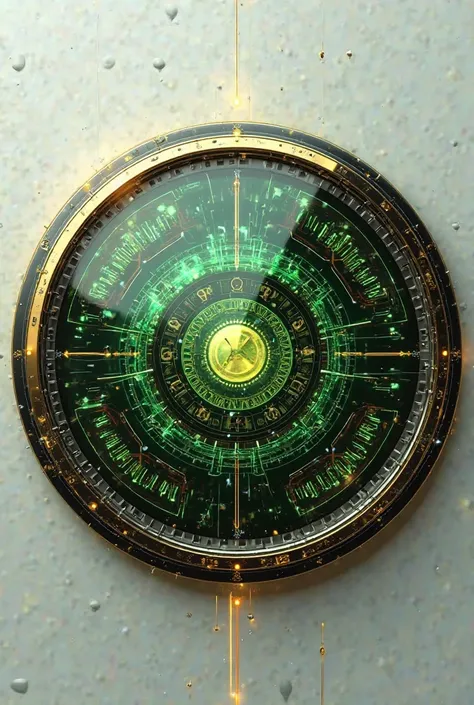 Round shaped green and golden colored shield having digital connecting lines 