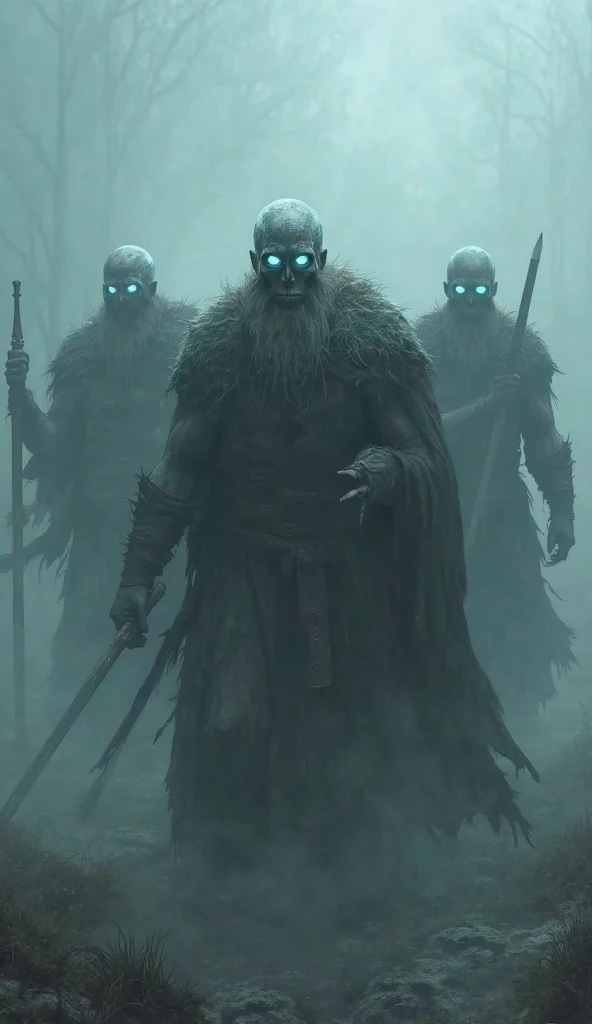 Thick mist and Vikings come out almost in skeleton with their weapons and a fixed blue look