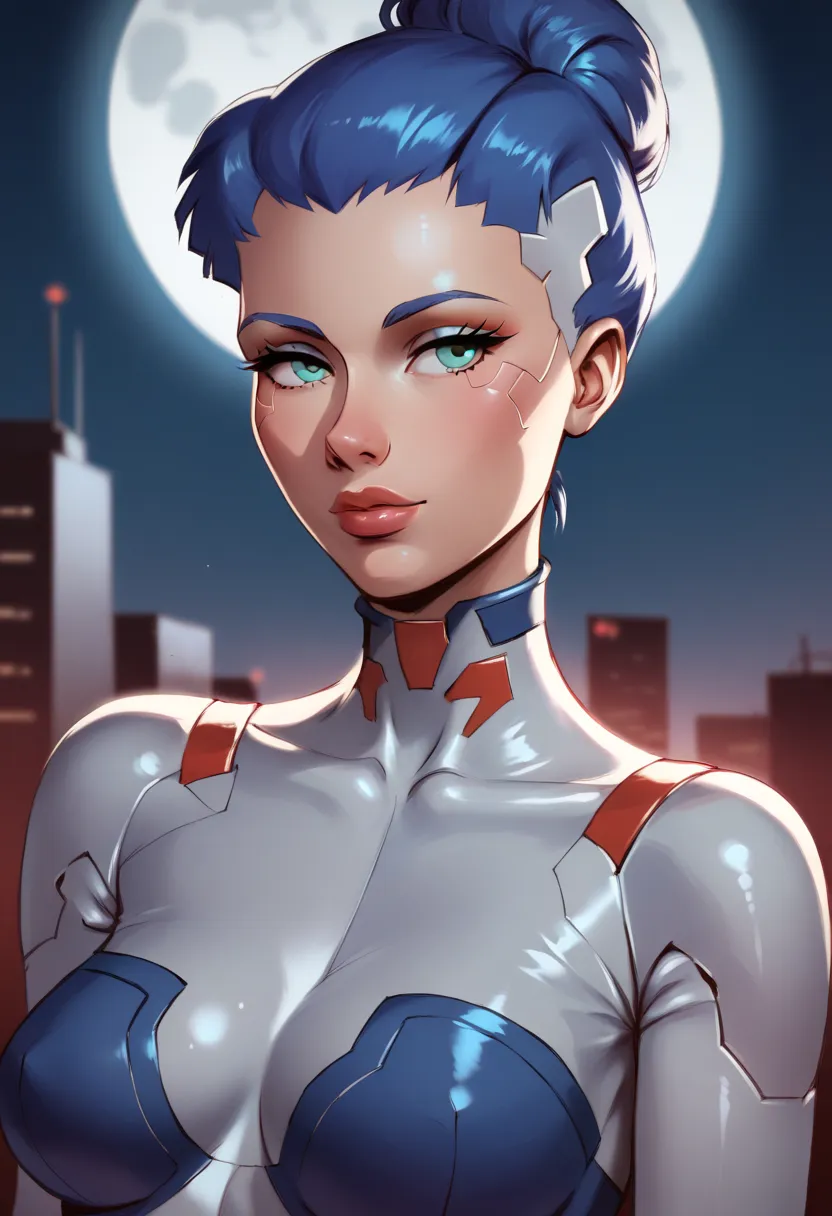 score_9, score_8_up, score_7_up, Western Comics, Portrait, cute android girl, black android, glossy black, seductive, innocent, light smile:0.3, plump lips, slender body, wearing transparent science fiction clothes, hands, breathtaking grandeur, LED intern...