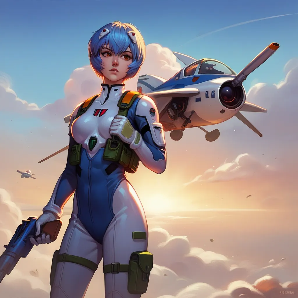 score_9, score_8_arriba, score_7_arriba,   source  _  Anime Break 1 Girl , Alone , Ayanami Rei,  Blue Hair, Short Hair, he would be , cowboy shot, pilot's uniform, So positron rifle, battle ready,