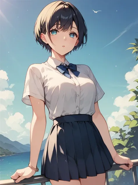  score_9,  score_8_up,  score_7_up,  score_6_up, anime break，nsfw，  Fisheye ，a high school girl in a short skirt and short hair,  in、A high school girl with beautiful blue eyes、is facing her side against a beautiful landscape