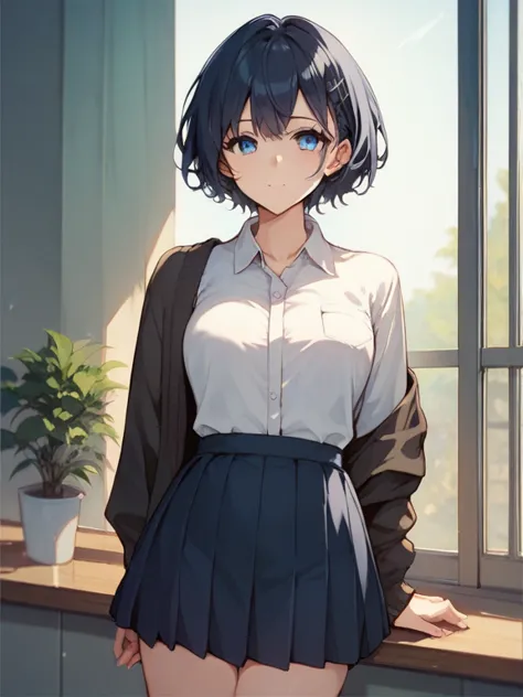  score_9,  score_8_up,  score_7_up,  score_6_up, anime break，nsfw，  Fisheye ，a high school girl in a short skirt and short hair,  in、A high school girl with beautiful blue eyes、is facing her side against a beautiful landscape