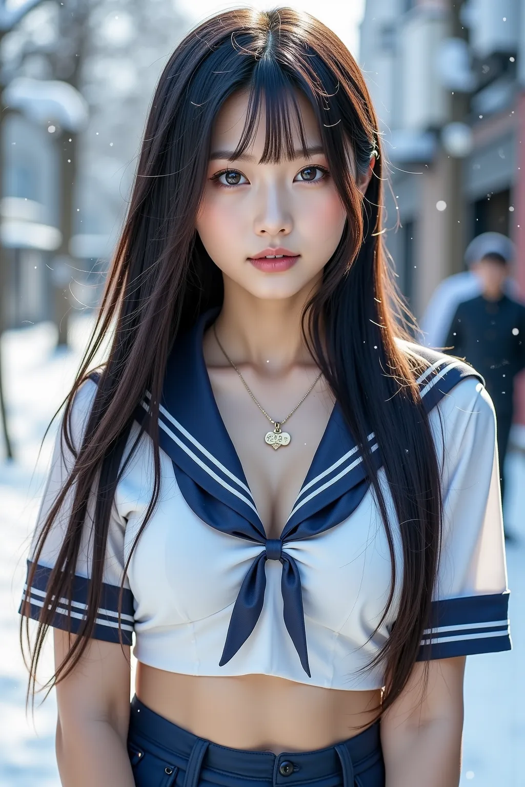 Realistic Photography, 8k, masterpiece, highest quality, hyper-realistic, highres, shot on a Canon EOS, Korean girl, occupation is idol, black long hair, glamorous body, ((huge breasts)), busty, long legs, the texture of a detail-oriented and realistic cos...