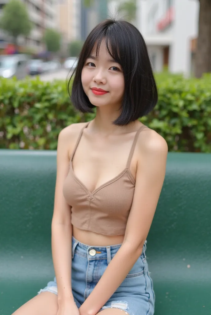 A Thai beautiful slender woman with fair skin and short straight black-blown hair, she is not smiling, little breasts, wearing a light brown crop top and denim short jeans. She's sitting on a green bench. The scene is set in an urban area with buildings an...