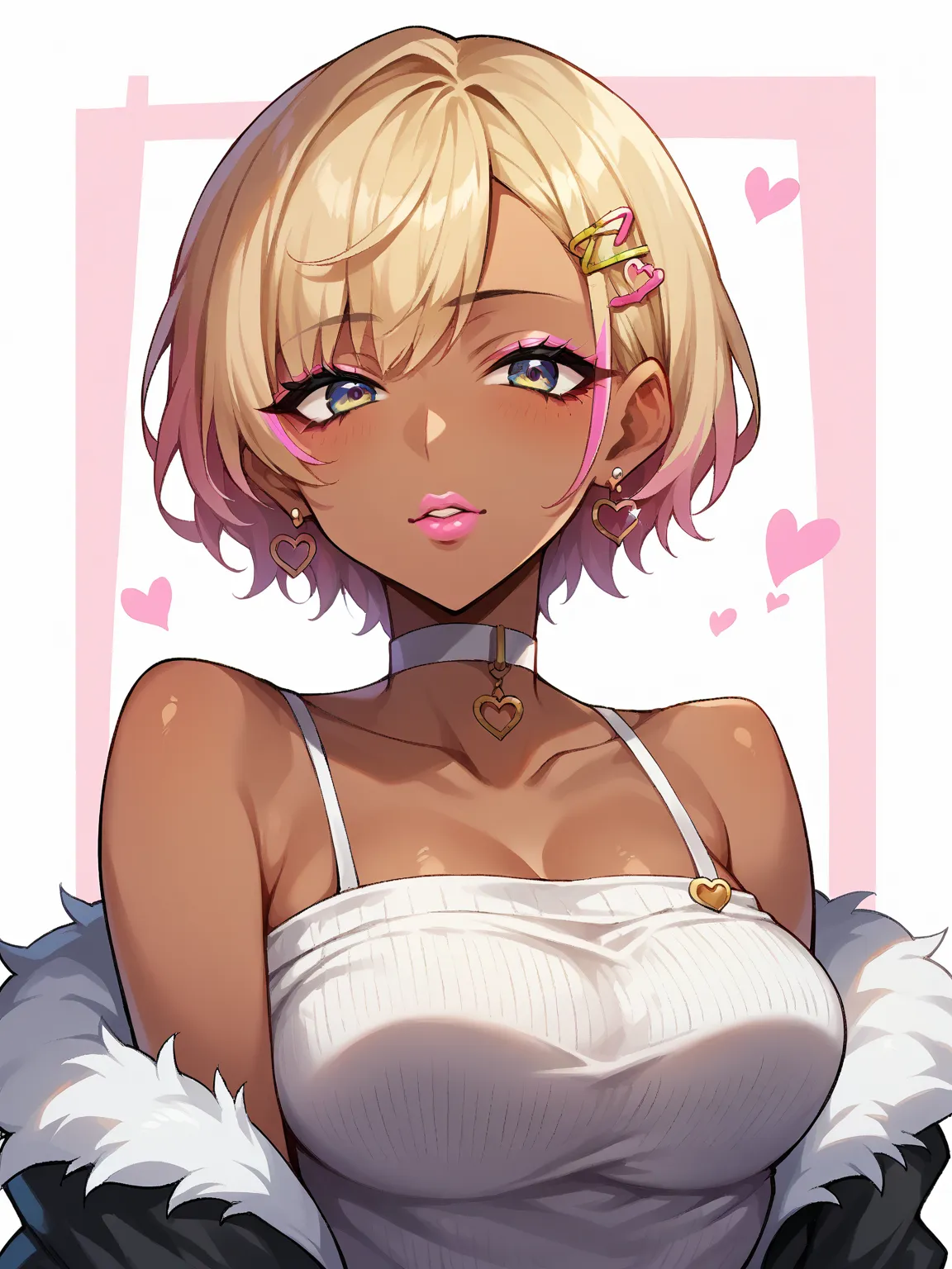 Score_9, score_8_up, score_7_up, score_6_up,  gyaru, source_anime, 1girl, solo, white background, abstract rectangular background, upper body, looking at viewer, BREAK, , earrings, BREAK, thin pink lips, tanned skin, pink makeup,  ribbed sweater, fur trim,...