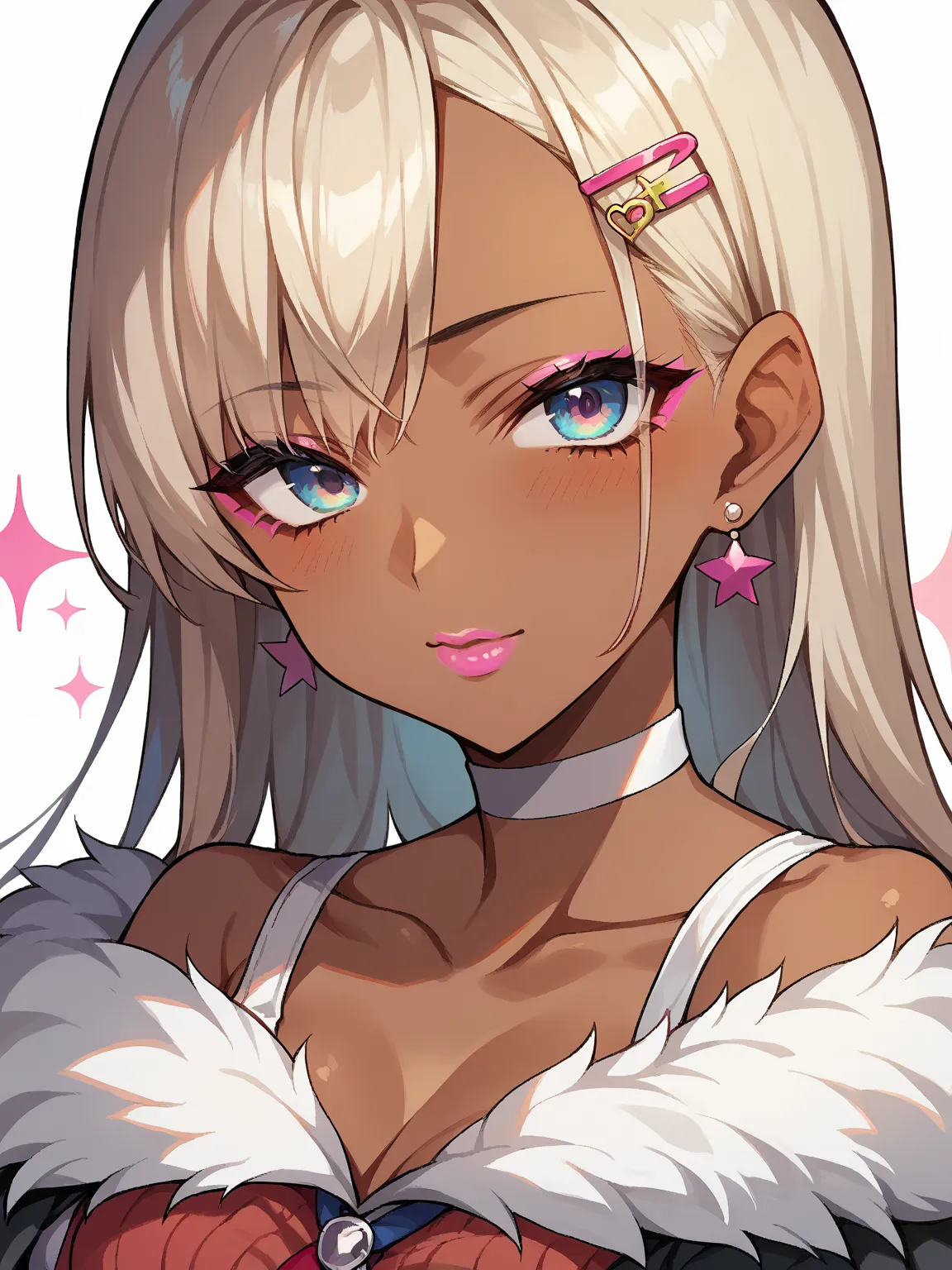 Score_9, score_8_up, score_7_up, score_6_up,  gyaru, source_anime, 1girl, solo, white background, abstract rectangular background, upper body, looking at viewer, BREAK, , earrings, BREAK, thin pink lips, tanned skin, pink makeup,  ribbed sweater, fur trim,...