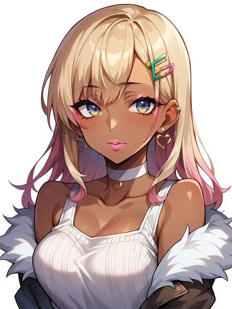 Score_9, score_8_up, score_7_up, score_6_up,  gyaru, source_anime, 1girl, solo, white background, abstract rectangular background, upper body, looking at viewer, BREAK, , earrings, BREAK, thin pink lips, tanned skin, pink makeup,  ribbed sweater, fur trim,...