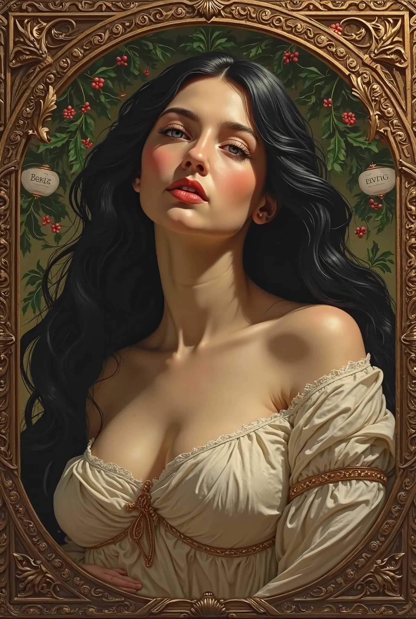 detailed portrait of Venus, Botticelli style tempera painting, long black hair, Christmas themed, photorealistic, intricate details, dramatic chiaroscuro lighting, warm color palette, highly detailed facial features, elegant pose, ornate baroque frame