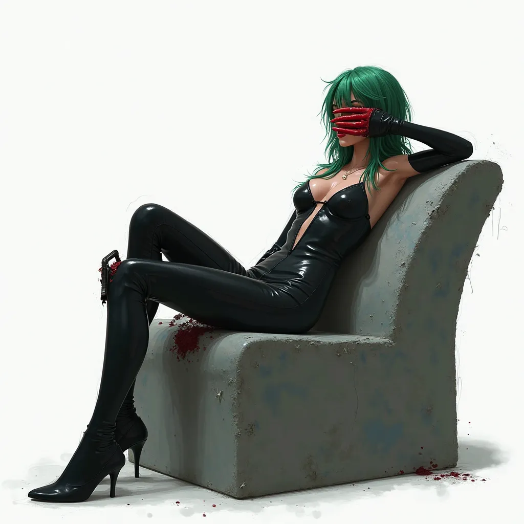 digital 3D art,side view, perspective from below,realistic,blur noise,attractive corean woman 28-year-old,green hair,long-long hair,messy hair, black latex jumpsuit with neckline, sitting on a stone throne. Relaxed posture, lying down, body is slightly til...