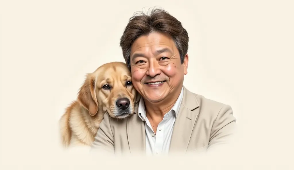 A soft pencil sketch against an off-white background featuring a close-up of a serene man with closed eyes and a calm smile. A golden retriever rests its head against the man's shoulder. The overall color palette is soft and dreamy.