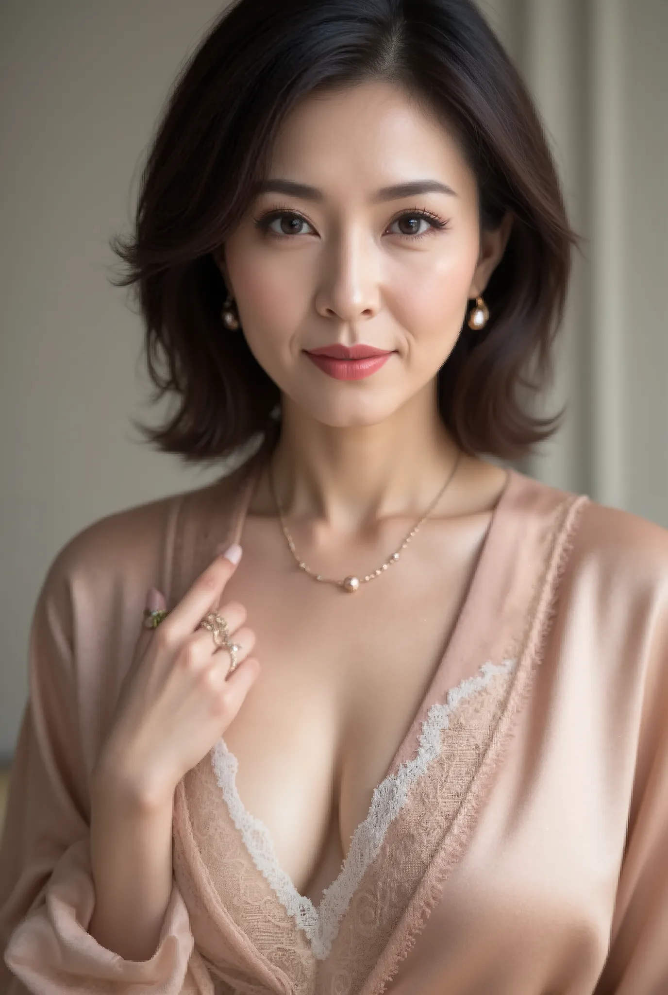 A close-up portrait of a sophisticated 48-year-old Japanese woman wearing a silky satin robe with delicate lace trimmings. The robe is slightly open, revealing a matching satin lingerie set underneath. The fabric softly reflects light, emphasizing its smoo...