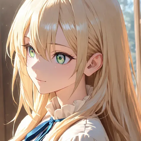  1girl , long hair, blonde hair, green eyes, blue ribbon, blue skirt,best quality, newest, (((detailed beautiful face and eyes))), (((beautiful artwork))), extremely detailed CG, 8k,  natural shading、 (Beautiful attention)