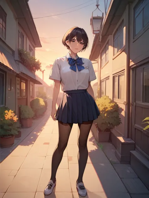  score_9,  score_8_up,  score_7_up,  score_6_up, anime break，nsfw，  Fisheye ，Little schoolgirl with short skirt and short hair,  in、A beautiful brown-eyed high school girl is looking sideways against a、beautiful landscape in the background， at dusk ，Beauti...