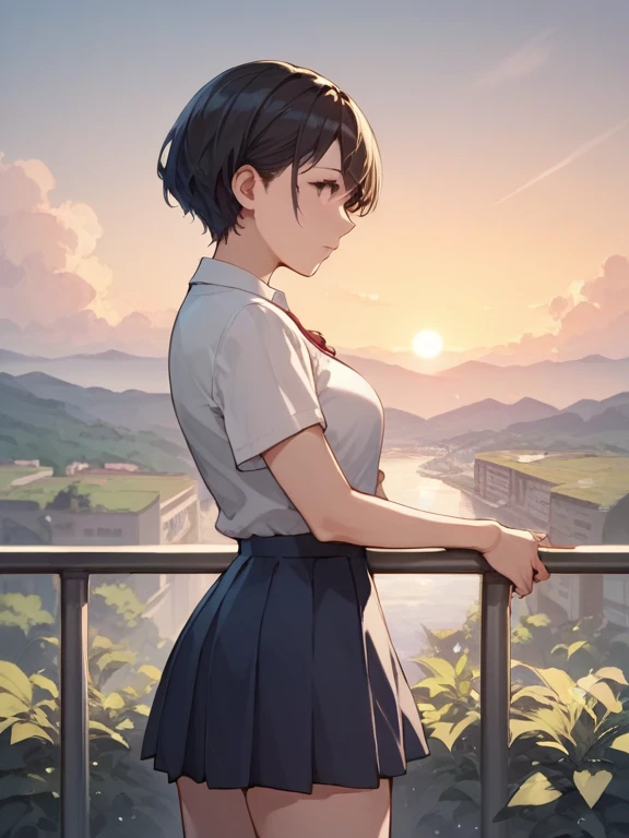  score_9,  score_8_up,  score_7_up,  score_6_up, anime break，nsfw，  Fisheye ，Little schoolgirl with short skirt and short hair,  in、A beautiful brown-eyed high school girl is looking sideways against a、beautiful landscape in the background， at dusk ，Beauti...