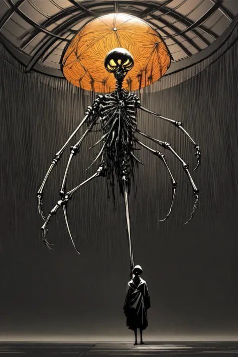 appearance: A tall, skeletal being covered with a coat made of living shadows. His head is an empty structure similar to an inverted umbrella, with glowing eyes on the inside of the dome. His limbs are elongated and seem to move with a disturbing fluidity....