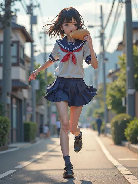 Young,  sexy body,In school uniform with a loaf of bread in the mouth,Wind beating in the skirt and panties showing, Japanese street on the way to school,She's on the sidewalk, throw: Someone on the street watching her running toward school)), QUADHD,  res...