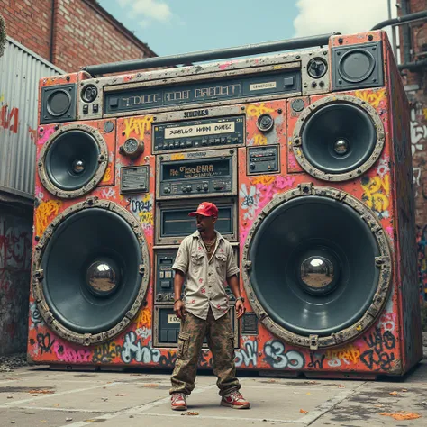 Ghetto blaster geant avec un graffeur look hip hop devant 