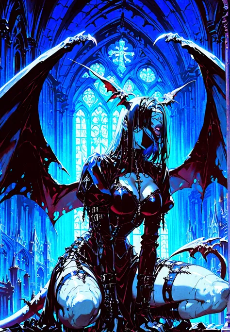 Gargoyle girl, goth make-up, gray rocky skin, breasts, Squatting at the top of the church. Background: cathedral,  dark atmosphere