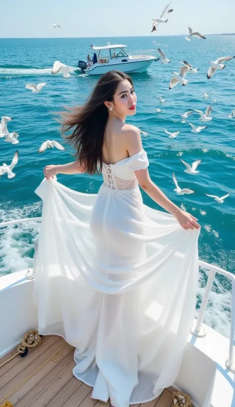 Young woman, light skin,  20s,  wearing a flowing, off-the-shoulder,  white,  wedding-style dress,  with a light, ethereal fabric.  Dress billows beautifully,  swept back by ocean breeze.  Back view,  long dark brown hair blowing in the wind.  Her pose sug...