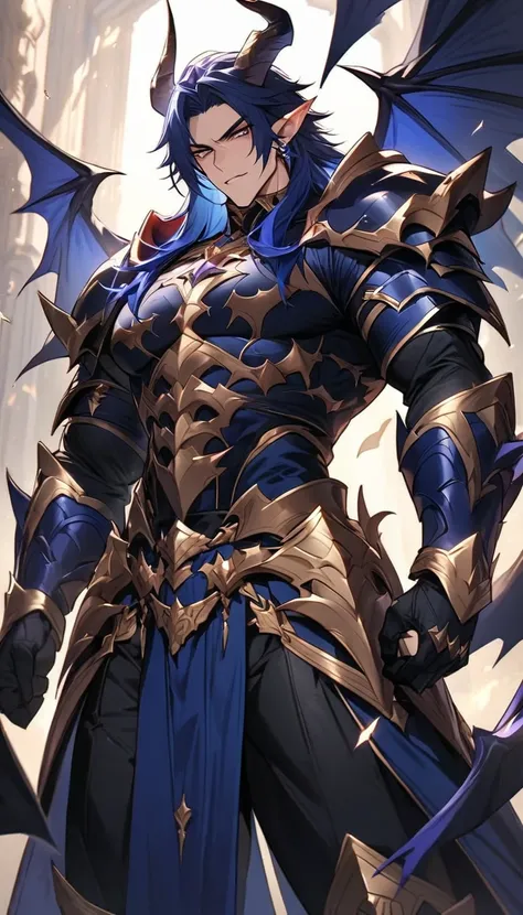 (ultra high quality) (best quality) (beautiful face) a male elf demon with wild long dark blue hair and demon horns and big muscles wearing noble fantasy armor