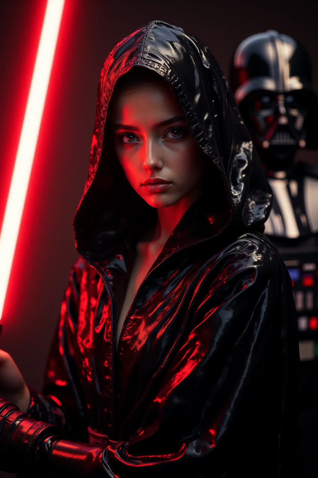 A calm yet resolute Jedi girl from the Star Wars universe stands before us, draped in a flowing, Black shiny hooded latex robe. Her eyes shine with a serene light, radiating peace and determination. In her hand, she wields a red lightsaber, its blade casti...