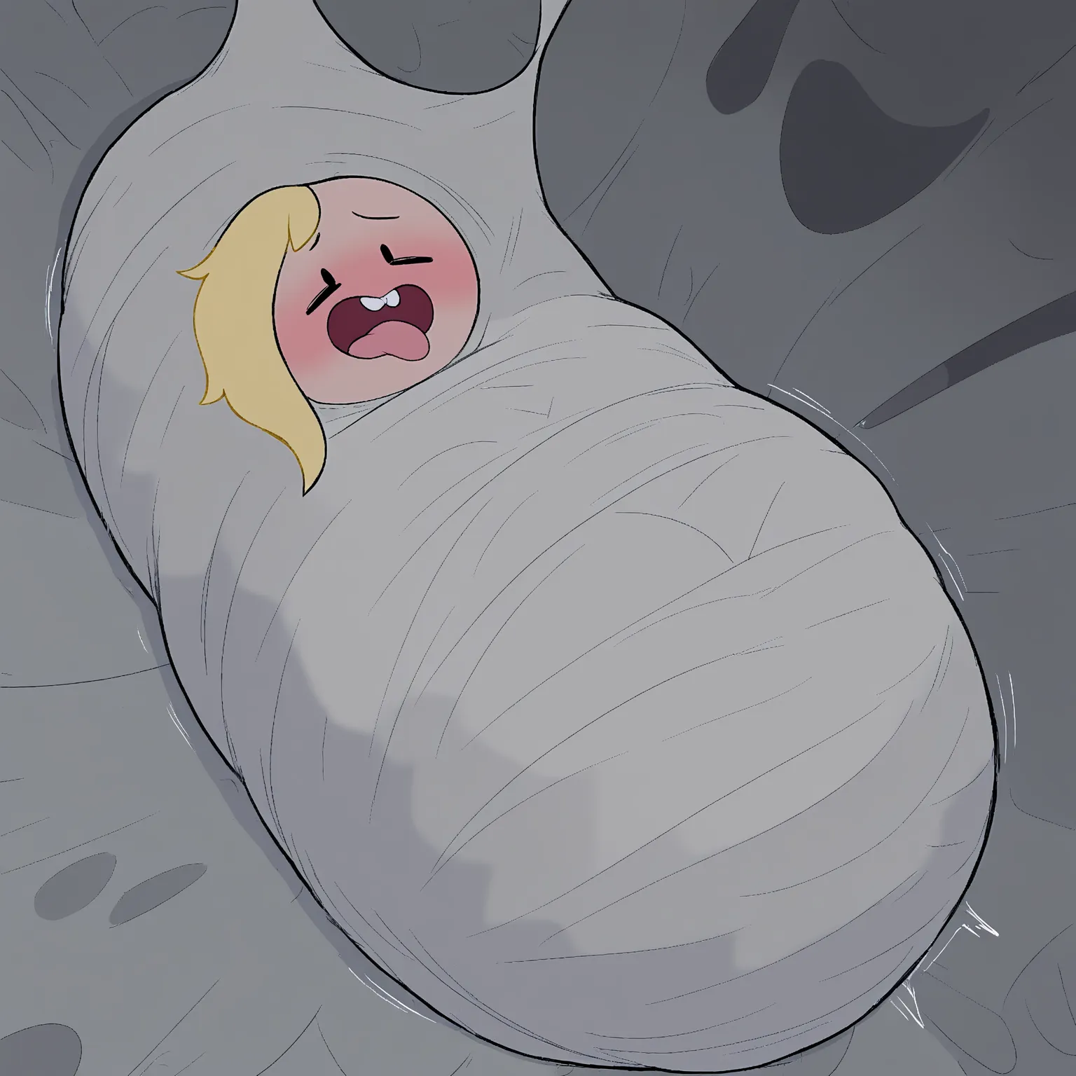 masterpiece, best quality, newest, absurdres, highres, dynamic angle, adventure time eyes, round head, rocky cave, cave filled with thick spider webbing,
1girl, solo, cute, Fionna, full body, looking at viewer, blonde hair, thick thighs, buck teeth, spider...