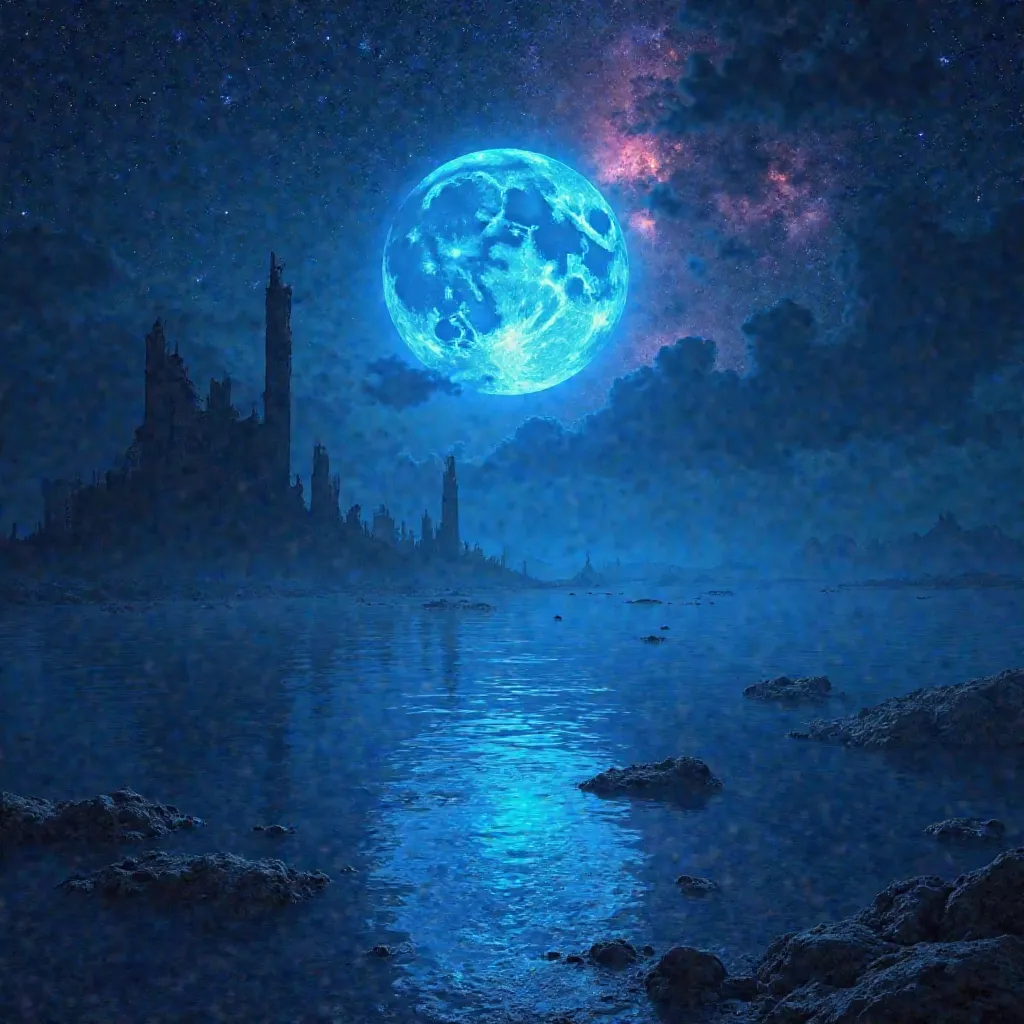 infinite shallow clear blue water, vibrant blue super moon that illuminates the scene, dazzling stars that twinkle against a dark canvas, pink and red nebula swirling in the night sky, scattered subtle clouds,  Mystical environment , silhouettes of ancient...