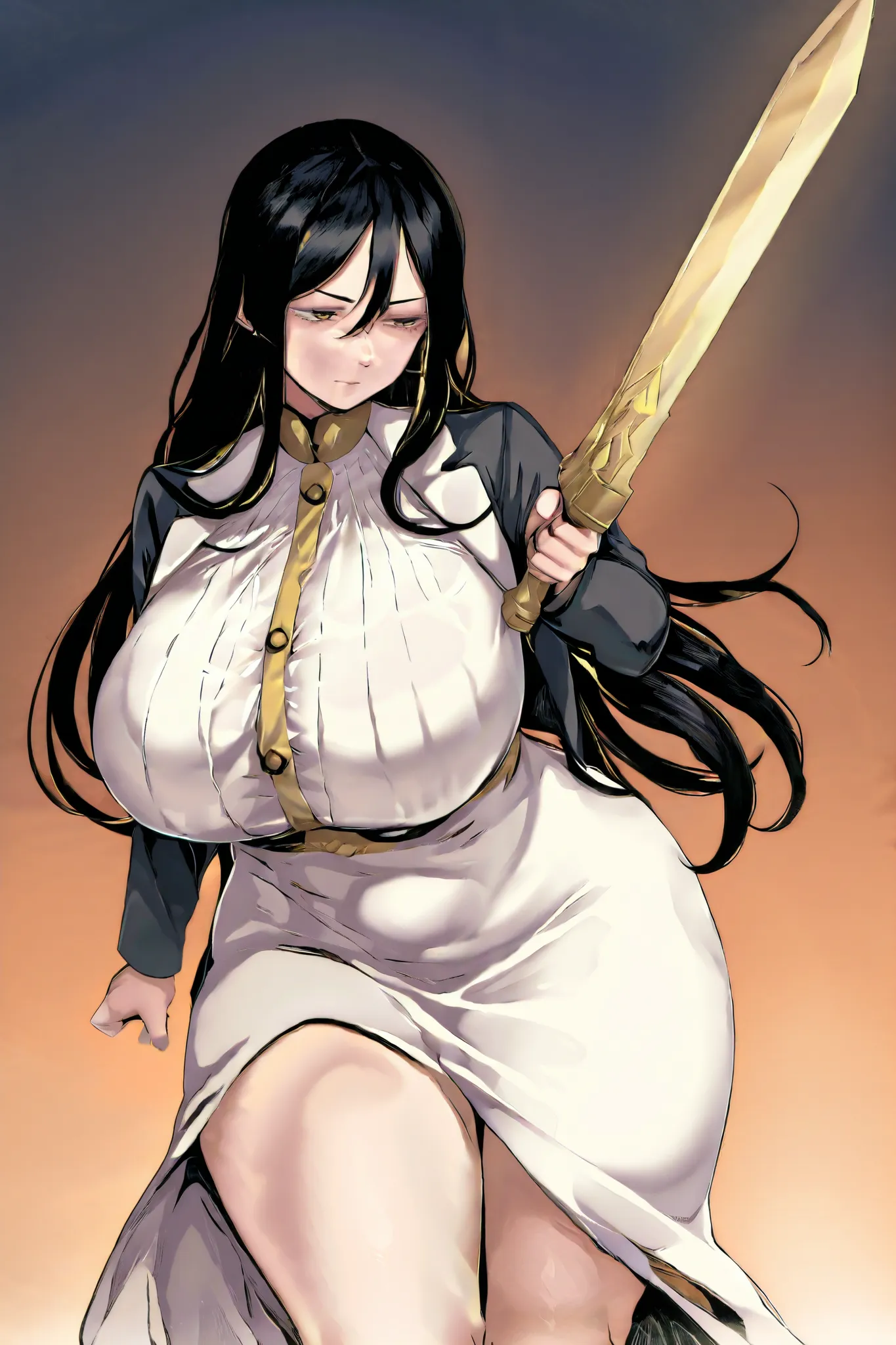  illustration of a young woman with long black hair, with holden highlight and sharp golden eyes. thick body with hourglass body shape, huge breasts and thick thighs. She is wearing a white dress with gold buttons and a black blazer. She has a serious expr...