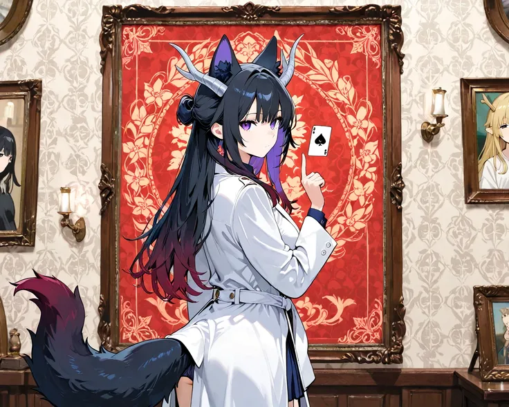 adult woman,  black hair with red tips, purple inner color,  long hair up to around the waist,  Hair Hides Right Eye , with a cut in the right eye, I can&#39;t see your ears because of your hair, white long coat, Both black dragon horns and wolf ears growi...