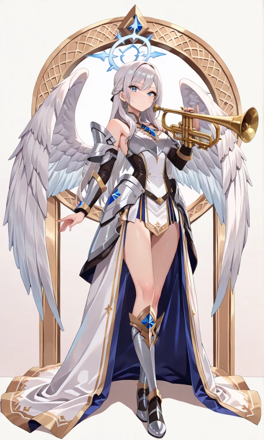 (((masterpiece, best quality, high detailed, 16k))) (1girl) A serenely beautiful woman with long silver hair and radiant blue eyes. She wears a gleaming silver and white armor, with large, luminous white wings extending from her back. She holds a golden tr...