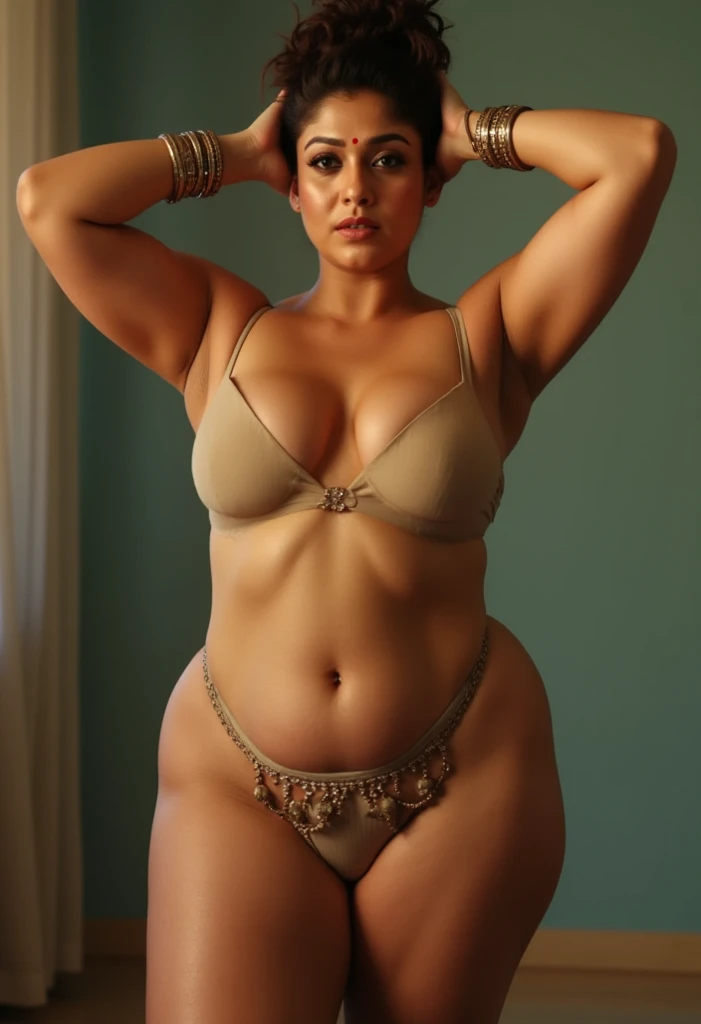 Front full body image view,50 year old indian married women looking at the viewer, without any clothes and bra,nsfw, big ass,wide hips,thick brown thighs, swopped Big breast, Hands on the head showing stubble hairy dark armpits,milf Body,wide ass, messy bu...