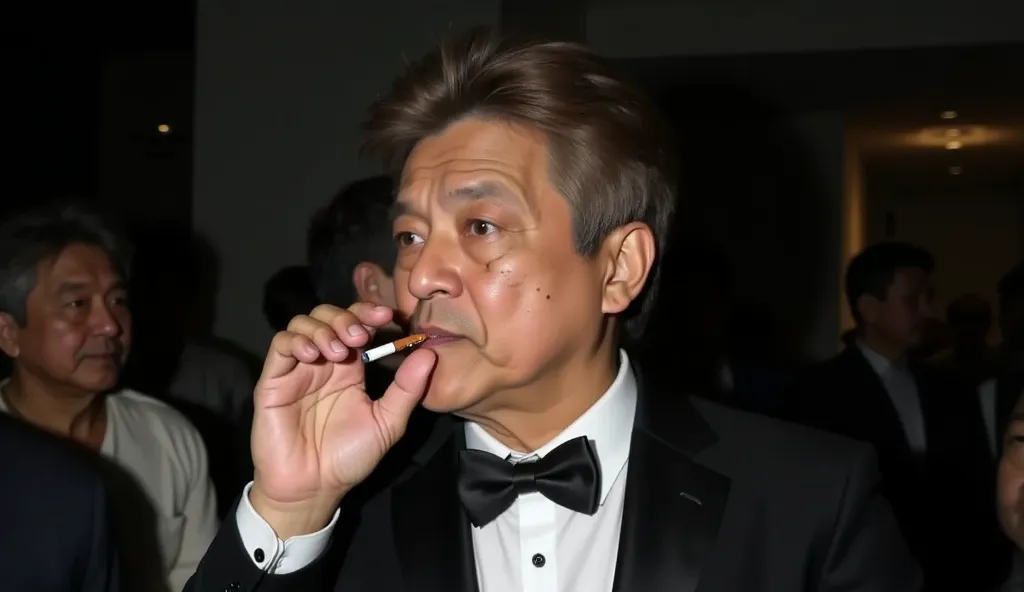 A photo of a man in formal attire, including a black suit, white shirt, and a bowtie. He is seen exhaling smoke from a cigarette he holds in his right hand. The man has a focused expression on his face, and the background appears to be dimly lit, suggestin...