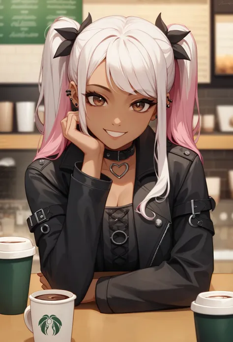 masterpiece, best quality, amazing quality, very aesthetic, high resolution, newest, hyper-detailed, 1girl, white hair, pink hair, two-tone hair, black goth dress, black coat, extremely detailed eyes, brown eyes, black collar, looking at viewer, legs toget...