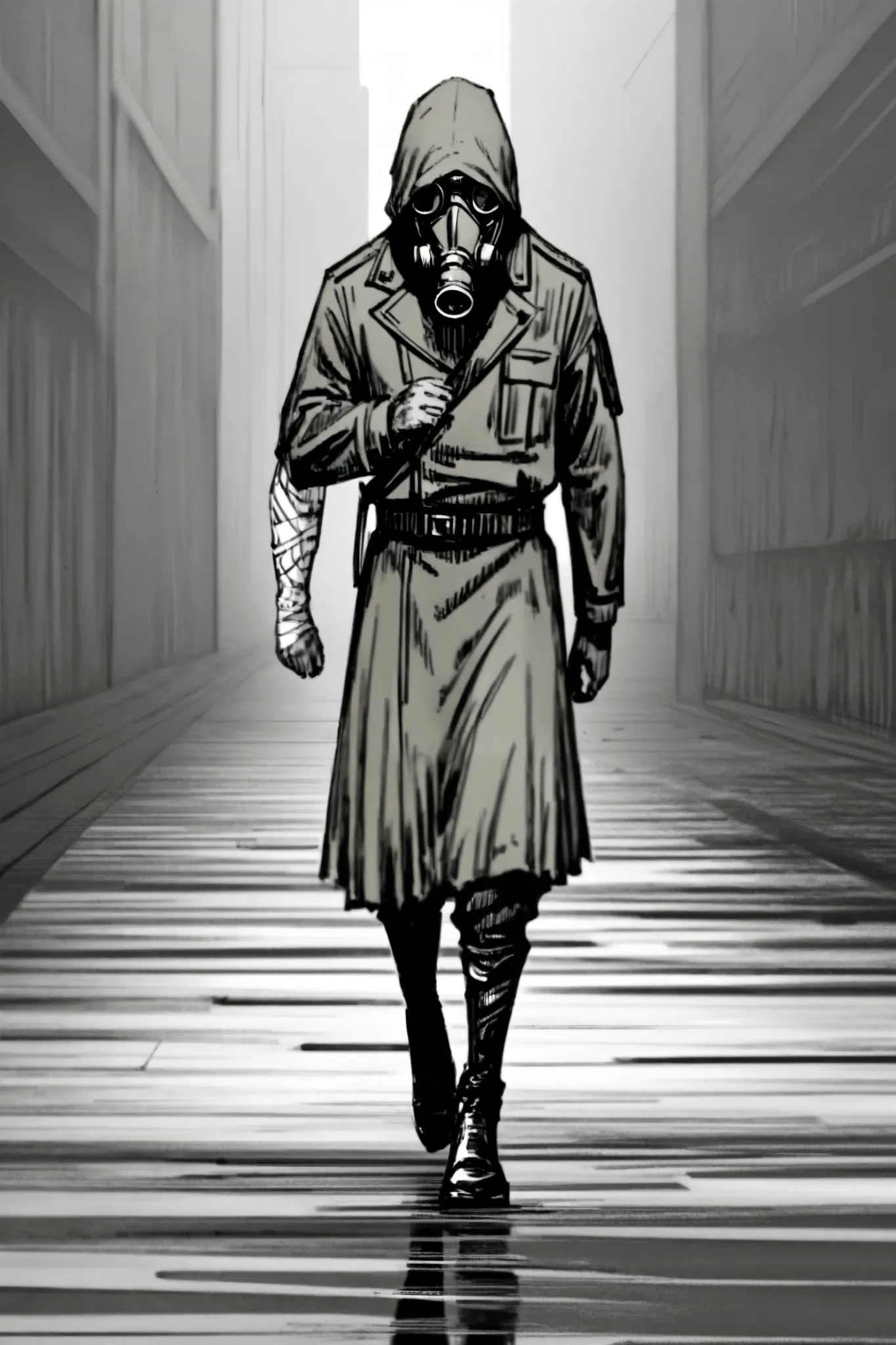 appearance: A man with a tall and slender figure, dressed in a faded gray military uniform, like a forgotten soldier from a war that never ended. His face is covered by an unfiltered gas mask, from which a faint constant whisper emanates. His hands are wra...