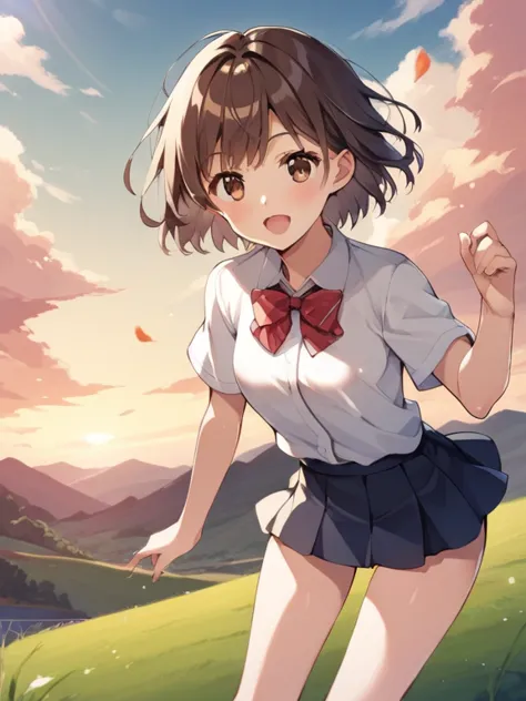  score_9,  score_8_up,  score_7_up,  score_6_up, anime break，nsfw，  Fisheye ，small female middle school student with short skirt and short hair fluttering in a strong wind,  in、A middle school student with beautiful brown eyes、beautiful landscape in the ba...