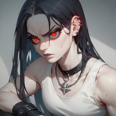 A ash pale skin goth girl long black bob long fringe hair glowing red eyes,white tank top,black sweat pants,bulging veins ,black wristbands,pretty face,slighly annoyed,upper body