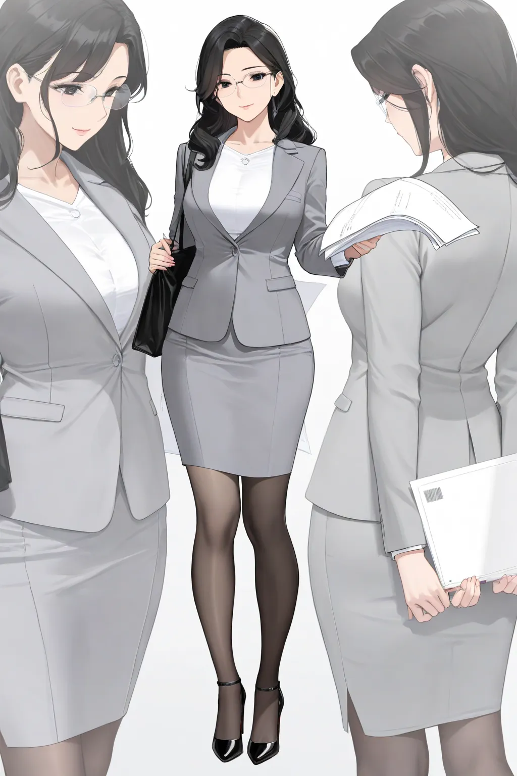 (High quality, 4K, Ultra-high resolution,High-definition illustrations, Masterpiece, extremely detailed),1 woman, medium height, mature lady, slender body, medium breast, black hair, long hair, black eyes with high lights, eye glasses, gray suits, white sh...