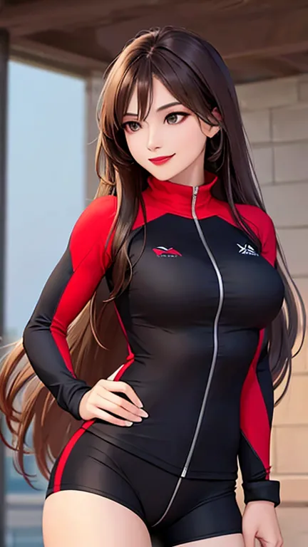 woman , long hair brown, normal, dark, she is solo, from alternative world ,best quality, realistic, cycling (full punch color) suit and cycling sports black shorts, she is stand , smile, red lipstick , 