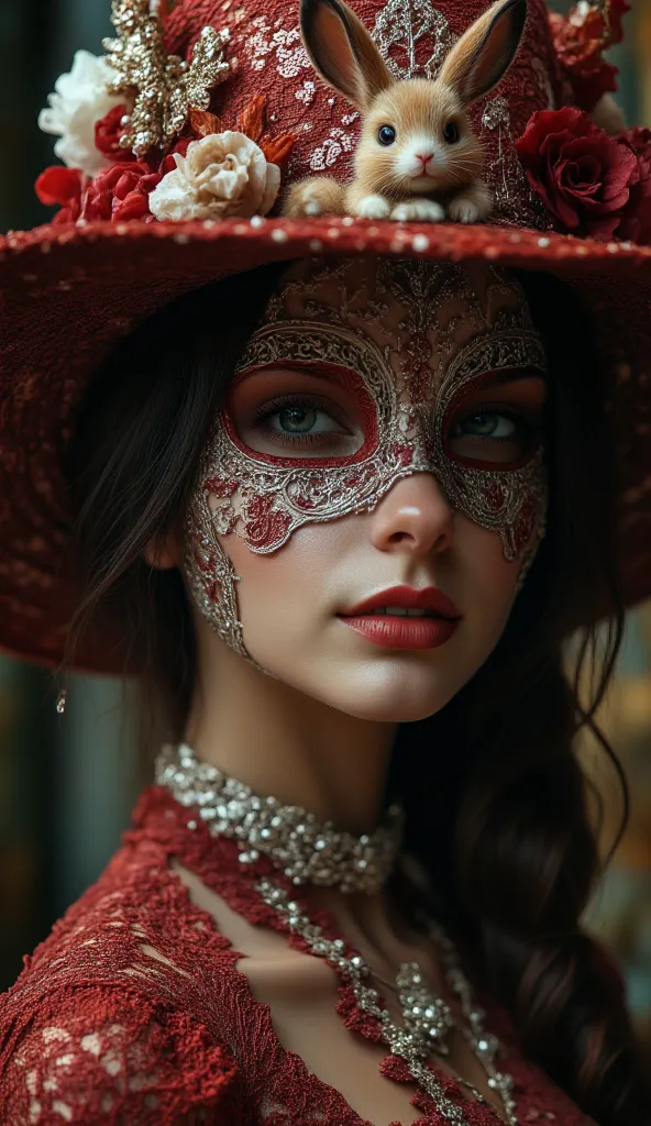 full length shot of a person wearing a lace filigree needle point mask, intricate complex painted and sewn mask, dreamy sexy gothic girl, elegant render, with an ultra-fluffy brown and white Mini Satin bunny on the brim of her ultra detailed lace and fine ...