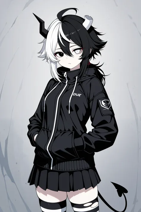 DSP, artist:DSP, okegom art style, masterpiece, best quality, amazing quality, highres, absurdres, newest, very aesthetic, hyper-detailed, portrait, 1girl, solo, short height girl, split black and white hair colors, two-tone hair, shoulder-length hair, spi...