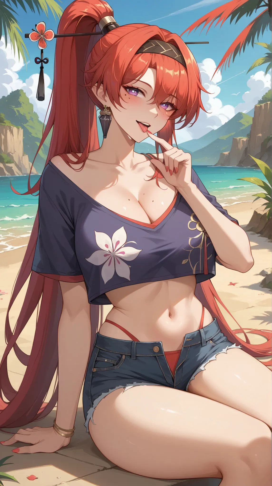 ((Yinlin, red hair, mole under eye, purple eyes, hair stick, hair ornament)), 1girl, huge breasts, huge butt, thick thighs, sensual woman, mature female, blushes, cleavage, full body, source_anime, quality_masterpiece, anatomically correct, beautiful face,...